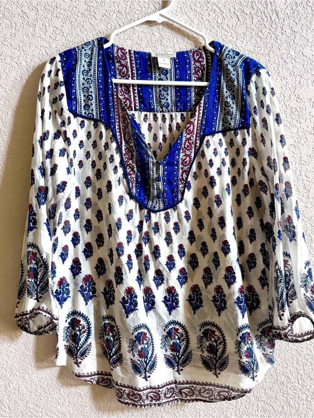 Lucky‎ Brand Women Size M Blue White Long Sleeve Scoop Neck Boho Top 100% Cotton